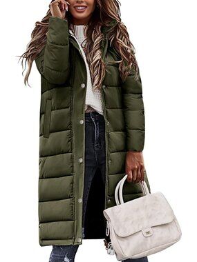 Women's Green Winter Long Puffer Coat Quilted Warm Jacket with Side Zippers